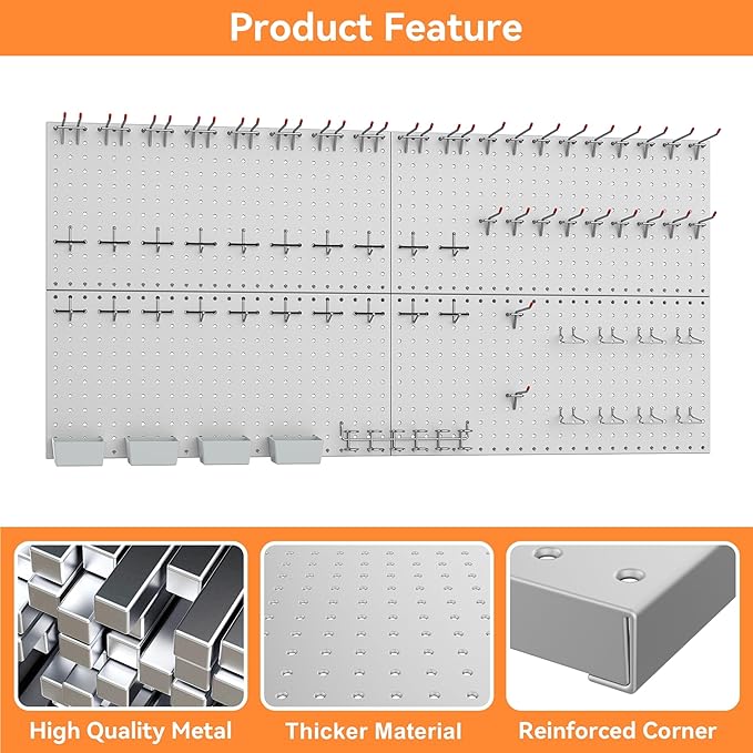 WALMANN Metal Pegboard Kit with Accessories for Wall Garage Tools Storage Pegboard for Garage, Workbench, Modular Peg Board T