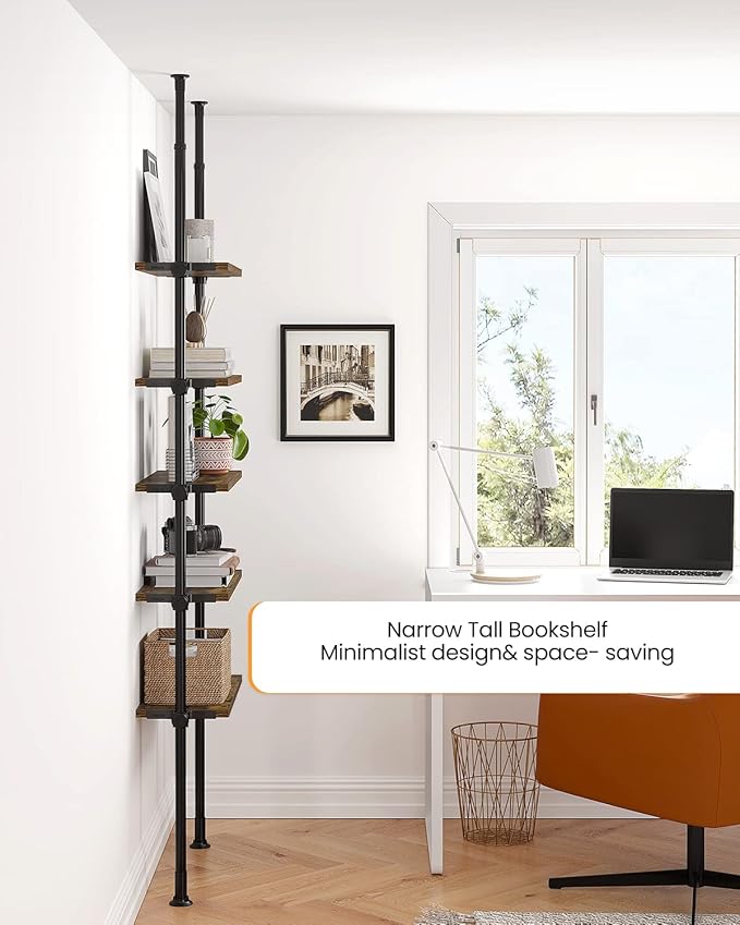 ALLZONE 5 Tiers Narrow Bookshelf, Tall Adjustable Ladder Book Shelf with Open Storage, Floor to Ceiling Tension Mount, Wooden
