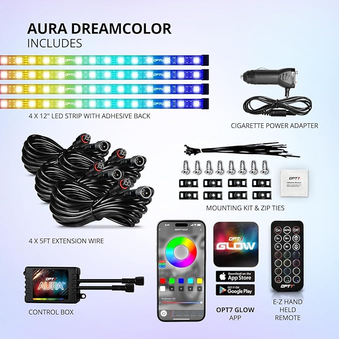 OPT7 Aura DreamColor RGB-IC LED Car Interior Light Strips, 4PC Interior Ambient Lighting Kit with APP & Remote Control, 12V Color Chasing Lights Universal for SUV Trucks Pickups Van, Easter Gifts