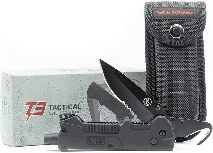 StatGear T3 Tactical Auto Rescue Tool - Folding Rescue Knife, Glass Window Breaker, Seatbelt Cutter, Molded Grips, LED Light,