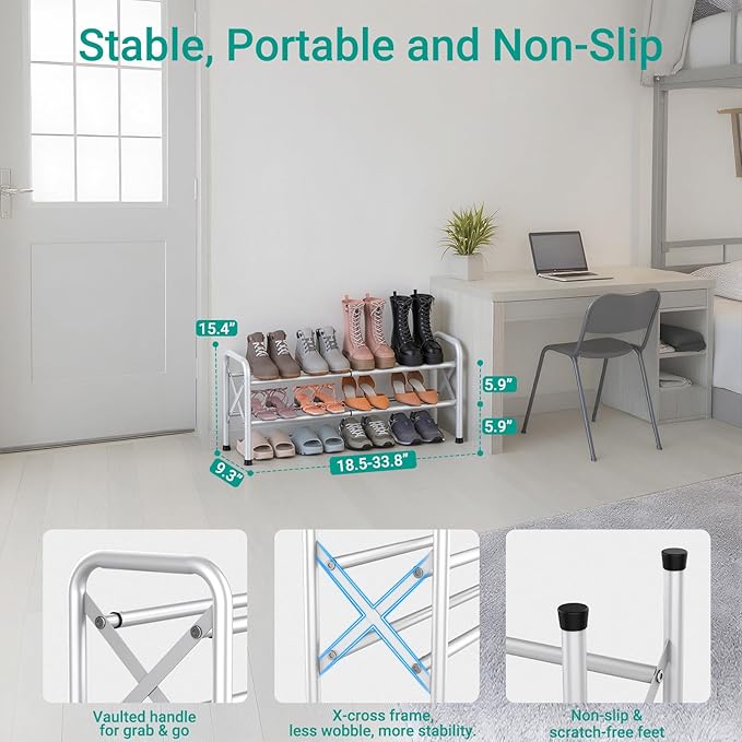 YEASHEIN 2-Tier Expandable Shoe Rack for Closet Floor, X-Frame Metal Small Shoe Rack for Entryway, Adjustable Shoe Shelf Orga