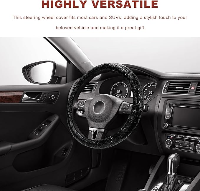 Sun Walker Leather Car Steering Wheel Cover, 15" Anti-Slip Crocodile Pattern Wheel Protector with Rose Grain, Comfortable Gri