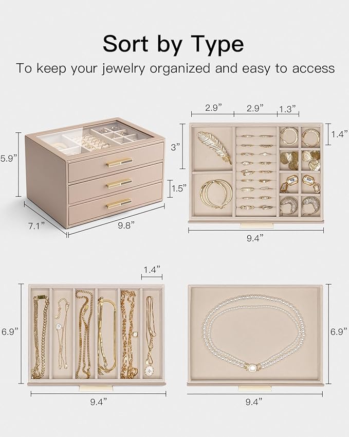VLANDO 3 Layer Jewelry Box for Women, Mothers Day Gifts for Women, Glass Lid Jewelry Organizer with 3 Drawers for Necklaces R