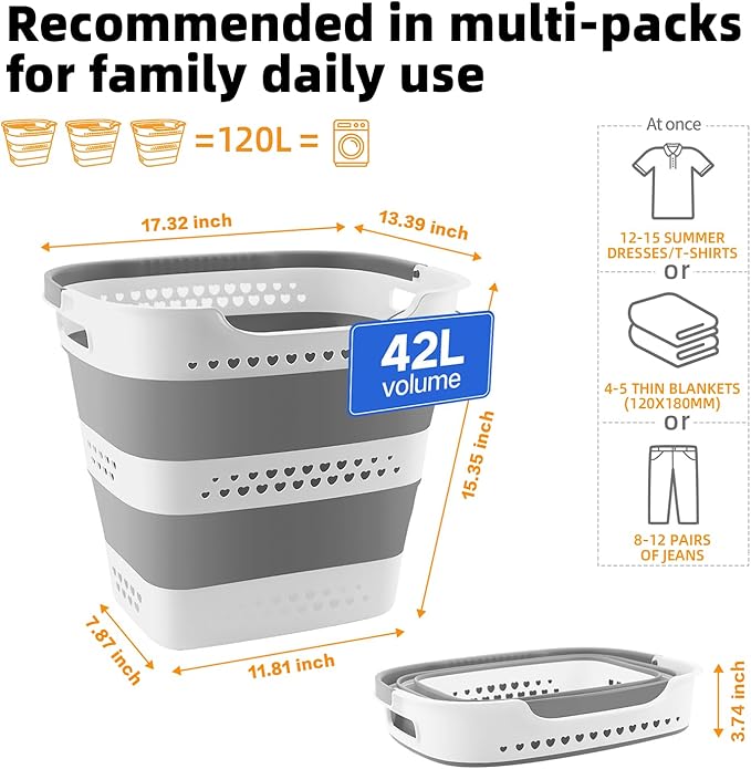 2 Pcs 42L Medium Collapsible Plastic Laundry Basket with Handles, Foldable Laundry Basket Hamper, Pop Up Storage Container Or