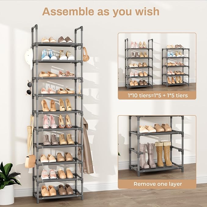 VTRIN 10 Tiers Tall Shoe Rack Holds 20-25 Pairs of Shoes Sturdy Vertical Shoe Organizer with 18pcs Hooks Stackable Narrow Sho