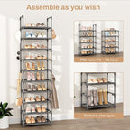 VTRIN 10 Tiers Tall Shoe Rack Holds 20-25 Pairs of Shoes Sturdy Vertical Shoe Organizer with 18pcs Hooks Stackable Narrow Sho