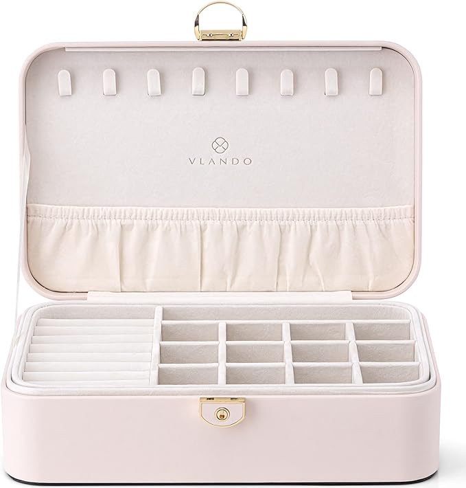 Vlando 2-Layer Jewelry Box,Valentines Day Gifts for Her Jewelry Organizer for Women Removable Jewelry Tray for Earrings Neckl