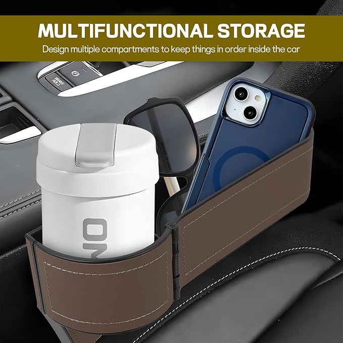 Car Seat Gap Filler Organizer, Multifunctional Car Seat Organizer with Adjustable Cup Holder, Leather Car Seat Gap Storage Box for Holding Phones, Coins, Cards, Keys, Pens (Brown)