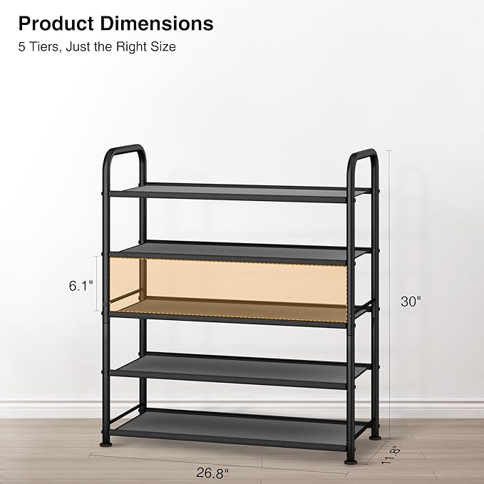 STO STO 5-Tier Shoe Rack with Sturdy Mesh Shelves, Heavy Duty Metal Shoe Organizer for Entryway, Closet, Garage, Front Door, 