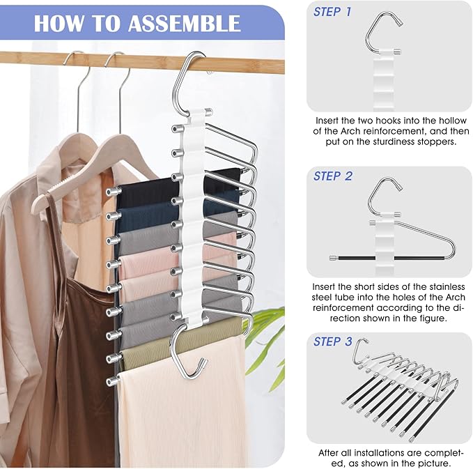 Upgrade 9 Layers Pants Hangers Space Saving, 2 Pack Multifunctional Pants Rack Non Slip Stainless Steel Clothes Space Saver H
