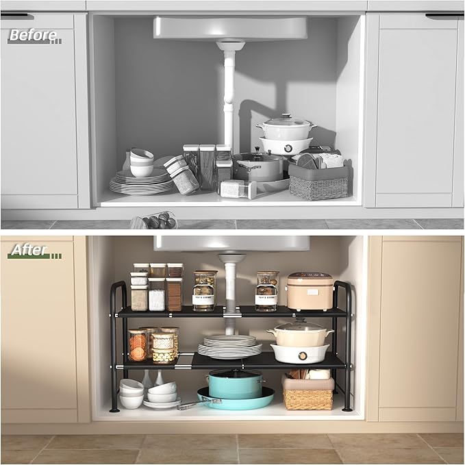 NETEL Under Sink Organizers and Storage,2 Tier Shelf Under Bathroom Sink,Cabinet Organizer with 8 Removable Carbon Steel Pane