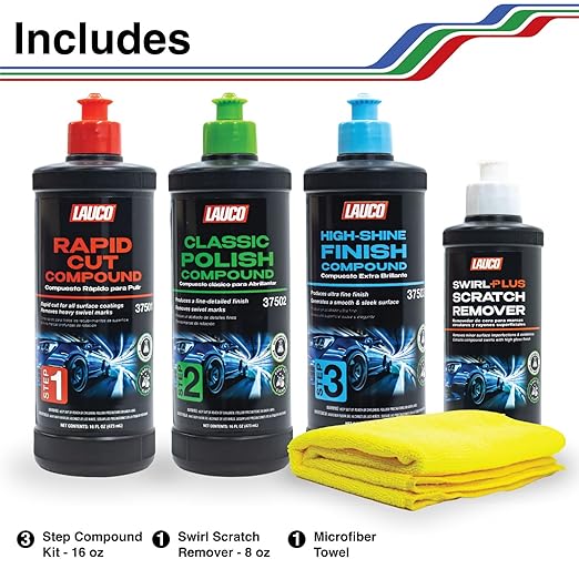 LAUCO Paint Correction Compounds Step 1, 2, 3 – 16oz, Swirl Remover 8oz Kits, with a Towel, Silicone-Free, Clear Coat Safe Scratch Remover, Swirl Correction & High Gloss Finishing