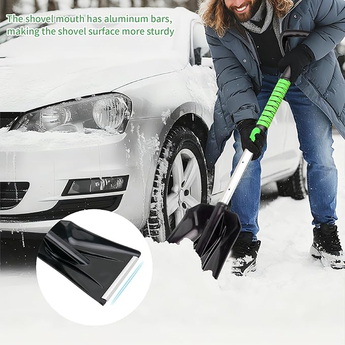 43.3'' Snow Shovel & Snow Brush with Ice Scrapers for Car Windshield,5-in-1 Extendable Thicken Aluminum Tube,180° Pivoting Brush Head & Foam Grip for Christmas, Cars, Trucks, SUVs, Vehicle（Green