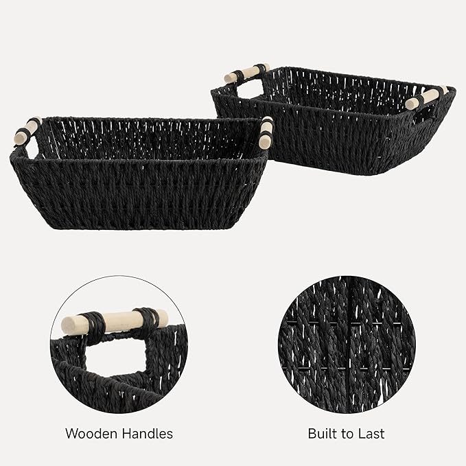 StorageWorks Large Wicker Storage Basket for Organizing with Wooden Handles, Toilet Paper Baskets for Shelf, Black, 2-Pack