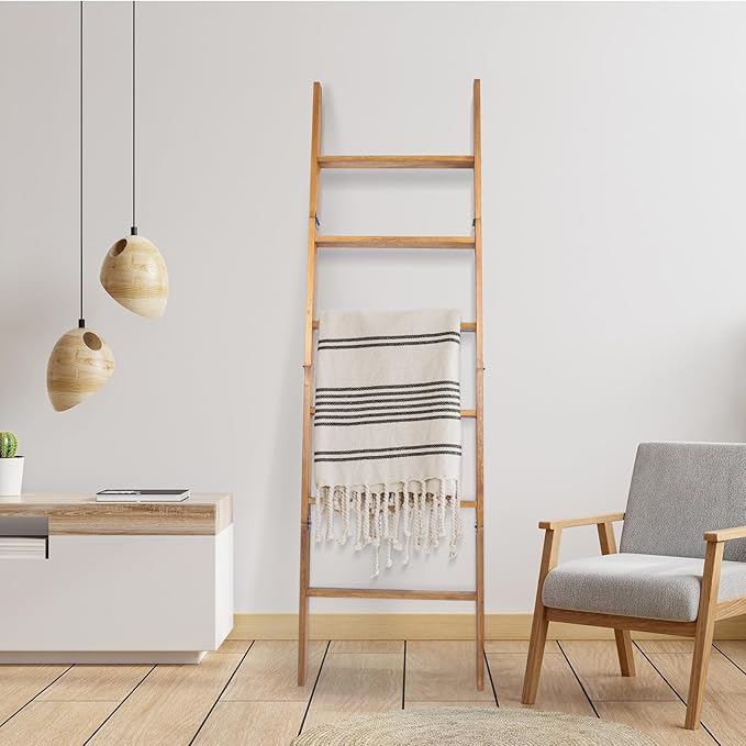 Blanket Ladder, 6-Tier Wooden Quilt Stand, Decorative Ladder Shelf, Leaning Shelf, Wall Leaning Blanket Ladder Towel Storage 