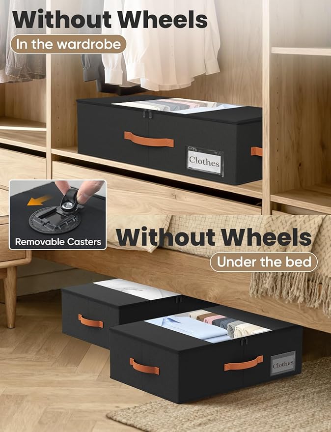 TOSKING 2-Pack Under Bed Storage Bins with Wheels and 4 Vacuum Seal Bags, Heavy Duty 80lbs Capacity,7.9"Height Clear Lid Orga