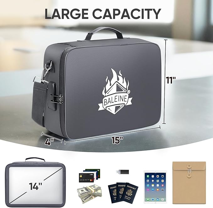 BALEINE Fireproof Document Box with Lock, Portable Fireproof Document Bag Waterproof Fire Proof File Boxes for Documents, Fil