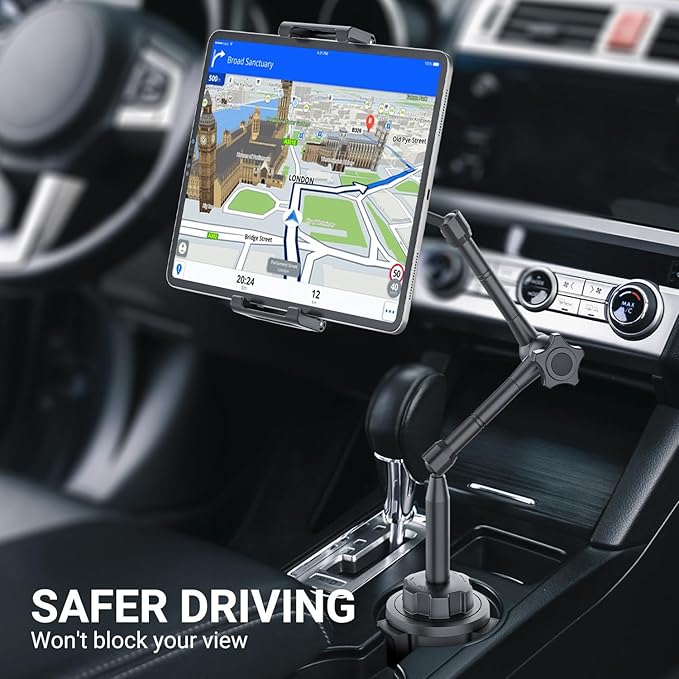 Car Tablet Holder for Cup Holder, Metal Long Arm 360° Rotation Tablet Mount for Truck Golf Treadmill, Fit Thickness Case (Deep Max 1.18'') for iPad Pro/Air/Mini, Galaxy Tab & 6.1-15.6" Devices
