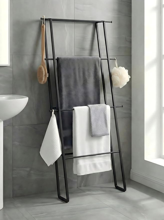 CANYAVE Metal Leaning Ladder Towel Rack, 4-Tier Blanket Stand for Bathroom Living Room, No Drilling Quilt Storage Organizer (