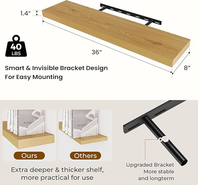 Dreamland 36 Inches Floating Shelves for Wall, 8 Inch Deep Floating Shelves Set of 2, Large Display & Storage Shelf, Wall She