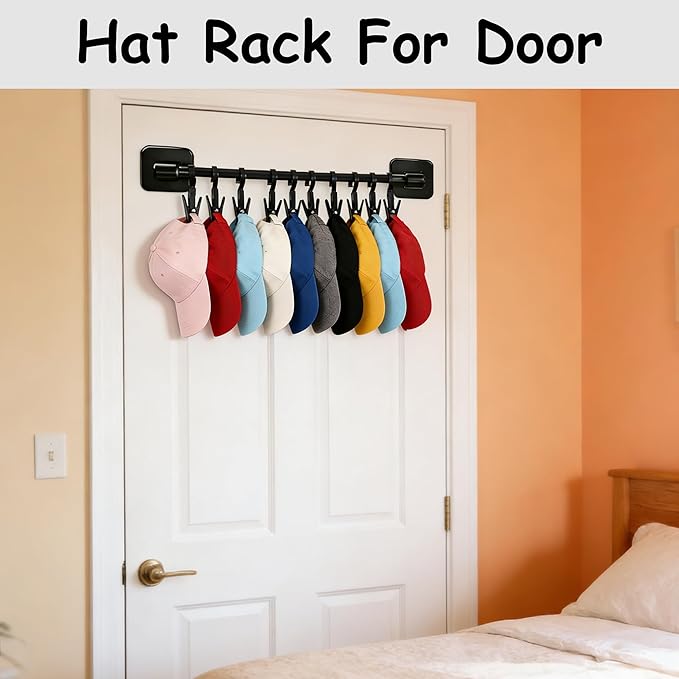 4 Pack Hat Hanger for Door, Wall Hat Storage Organizer Rack with 40 Clips for Baseball Cap, Black Hat Holder Wall-Mounted Cap