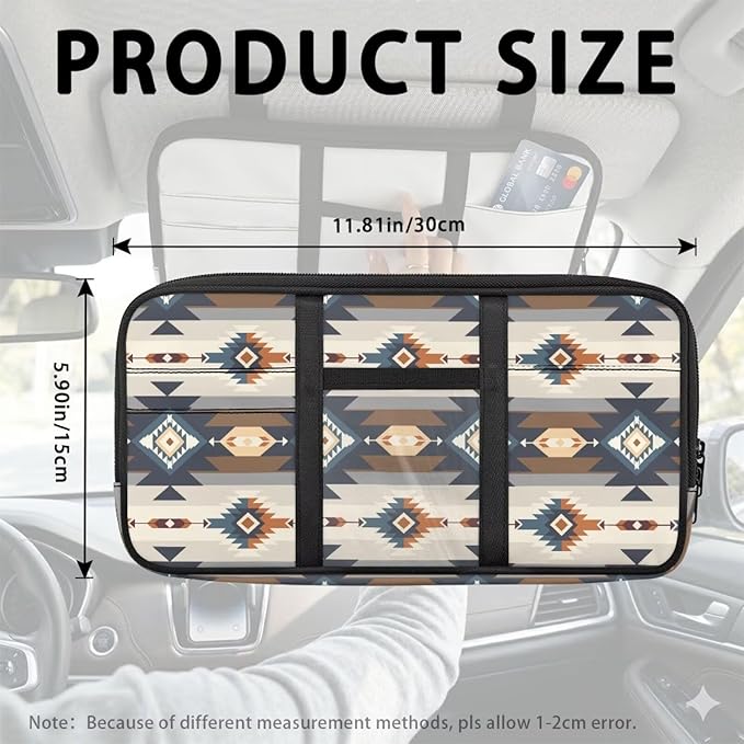 Geometric Zippered Automotive Sun Visor Organizer with Adjustable Straps and Card Holder Sun Visor Multi-Pocket Organizer with Picture Frame Easy Installation Universal Fit for Most Cars Suv