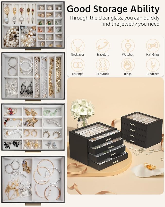 AKOZLIN Jewelry Box with Clear Lid Functional Leather Jewelry Storage Organizer Case 4 Drawers for Women Girls Necklace Ring 