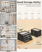 AKOZLIN Jewelry Box with Clear Lid Functional Leather Jewelry Storage Organizer Case 4 Drawers for Women Girls Necklace Ring 