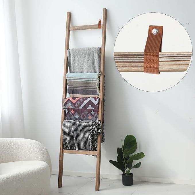 FUIN 6.4ft Extra Wide Wooden Blanket Ladder Living Room Decorative Wal Leaning Farmhouse Quilt Display Holder Rustic Wood Tow