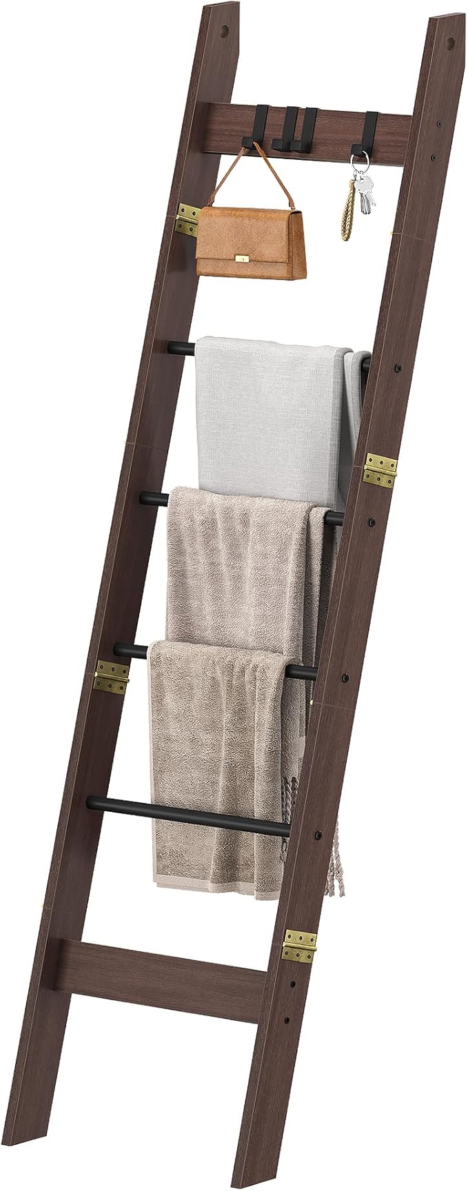 Hzuaneri Blanket Ladder for Living Room, Decorative Quilt Rack with 4 Removable Hooks, 6-Tier Farmhouse Ladder Holder Shelf O
