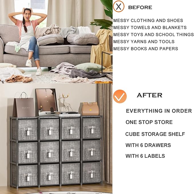 LUKYTOWER Cube Storage Organizer Shelf with Printed Bins + Labels, Cubby Storage Organizer with Bins, Large Capacity Shelves 