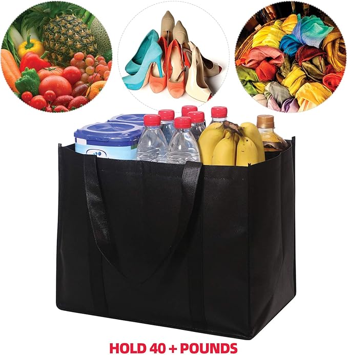 DIOMMELL Set of 10 Reusable Grocery Bags Extra Large Foldable Heavy Duty Shopping Tote Produce Bag with Reinforced Handles, Black