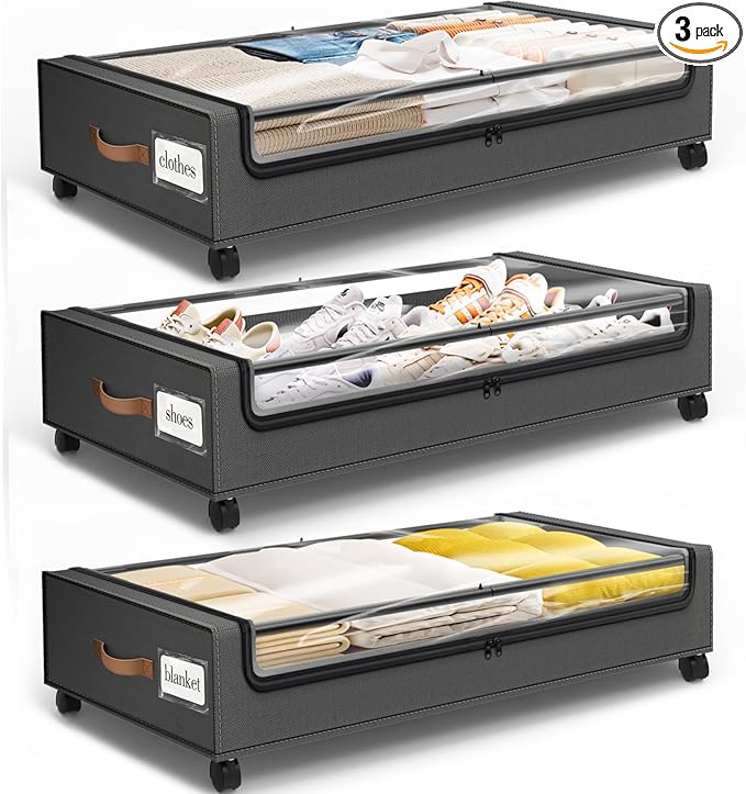 Under Bed Storage with Wheels 3Pack Storage Containers with Clear Window&Label Under Bed Drawers Rolling Under Bed Storage fo