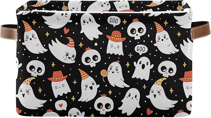 xigua Halloween Ghost Storage Basket Collapsible Storage Bins Waterproof Canvas Storage Basket with Leather Handles for Home 