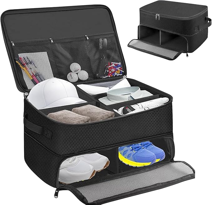 Golf Trunk Organizer, 2 Layer Golf Storage Bag, Waterproof Car Golfer Organizers with Ventilation Compartment for 2 Pairs