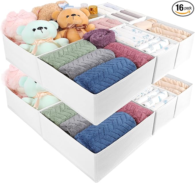 Drawer Organizer Clothes, 16 Pack Dresser Organizer Bins, Foldable Closet Organizers and Storage Fabric Dresser Bins, Shallow