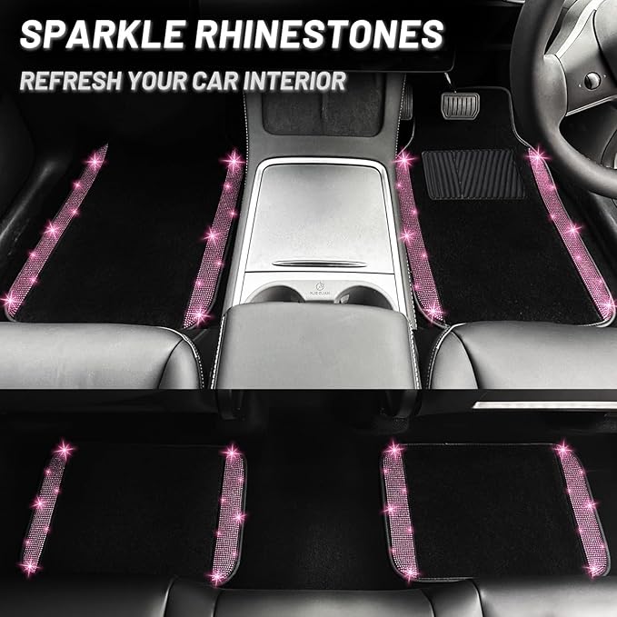 NBTEPEM Bling Car Floor Mats Full Set and Steering Wheel Cover, Universal Fit Most Cars, 4 pcs Sparkle Glitter Diamond Carpet, 5 pcs Bling Car Accessories Set for Women (Pink Diamond)