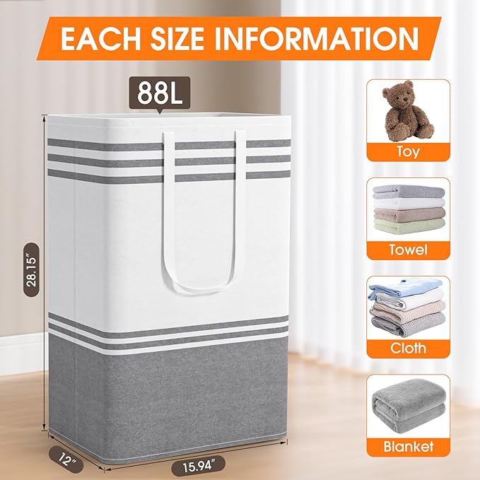 3 Pack Large Laundry Baskets, Laundry Hampers, Freestanding Waterproof Collapsible Clothes Bag with Extended & Reinforced Han