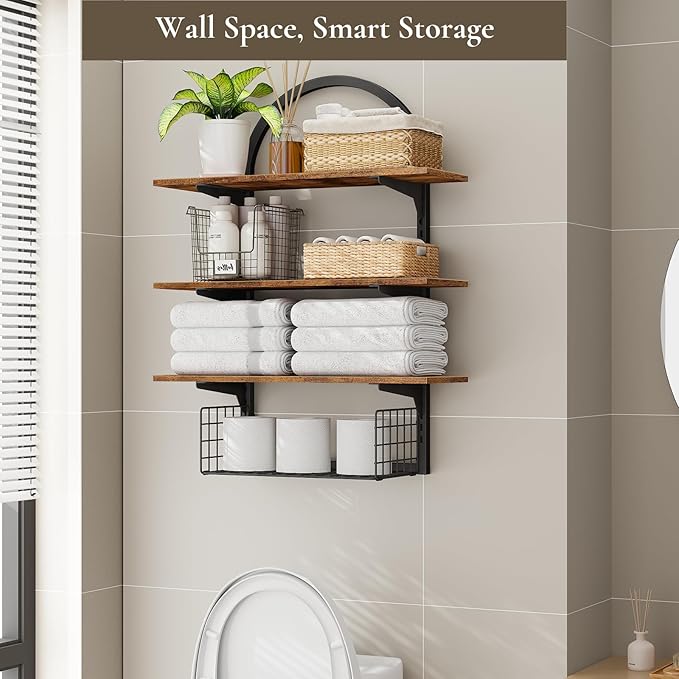 3 Tier Floating Shelf with Storage Baskets, Wall Mounted Bathroom Shelves Over Toilet, Wood Wall Shelves for Kitchen, Bedroom