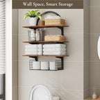 3 Tier Floating Shelf with Storage Baskets, Wall Mounted Bathroom Shelves Over Toilet, Wood Wall Shelves for Kitchen, Bedroom