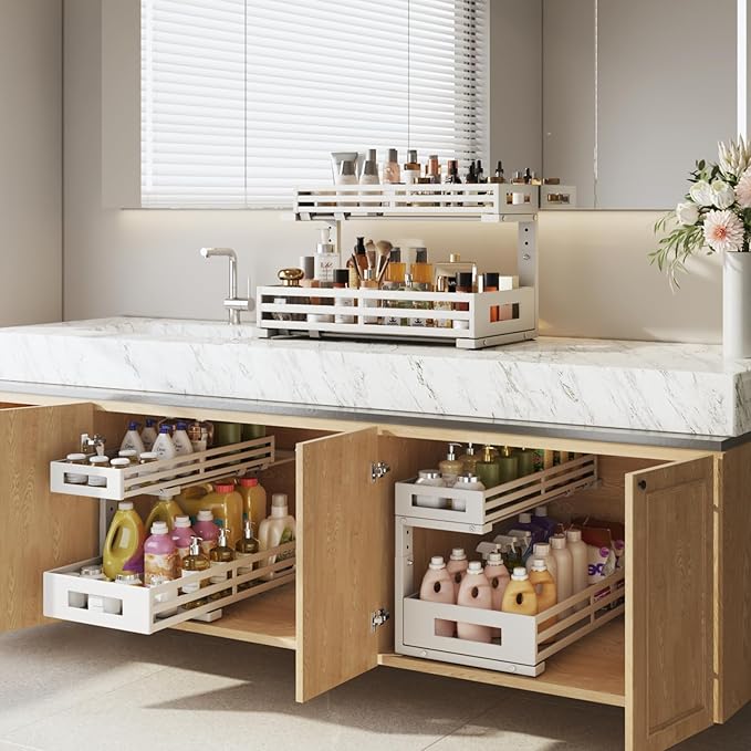 2-Pack 19"Deep Under Sink Organizer And Storage, 2-Tier L-Shaped Pull Out Cabinet Organizer with Upgraded Slide Rails, Height