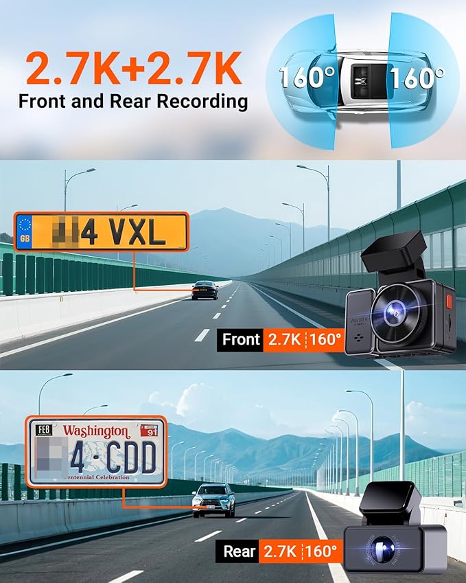 Vantrue E2 Dash Cam Front and Rear, 2.7K Upgrade Rear Cam, Dual STARVIS, 2.7K + 2.7K Dash Camera for Cars, Voice Control, WiF