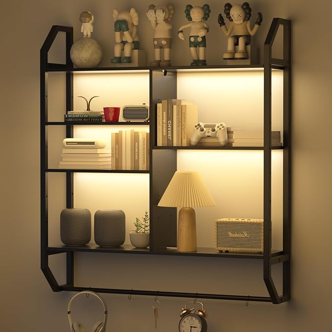 FAHKNS Gaming Floating Shelves, 35" Large LED Wall Shelves with Adjustable Tier, Wall Mounted Bookshelf with Hanging Pipe & 6