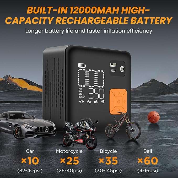 Portable Tire Inflator, 150PSI Fast & Cordless Air Compressor for Car Tires, Heavy Duty Portable Air Pump with LED Light, Digital Gauge, Auto Shut Off for Bikes, Motorcycles, Inflatables