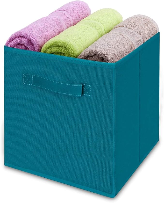 MaidMAX Cloth Storage Bins, Set of 6 Foldable Collapsible Fabric Cubes Organizers Basket with Dual Handles, Teal