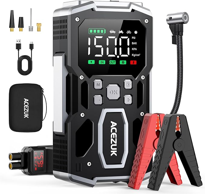 Portable Car Jump Starter with Air Compressor, ACEZUK 150PSI 8000A Jump Starter (All Gas/10.0L Diesel), 12V Battery Jump Box
