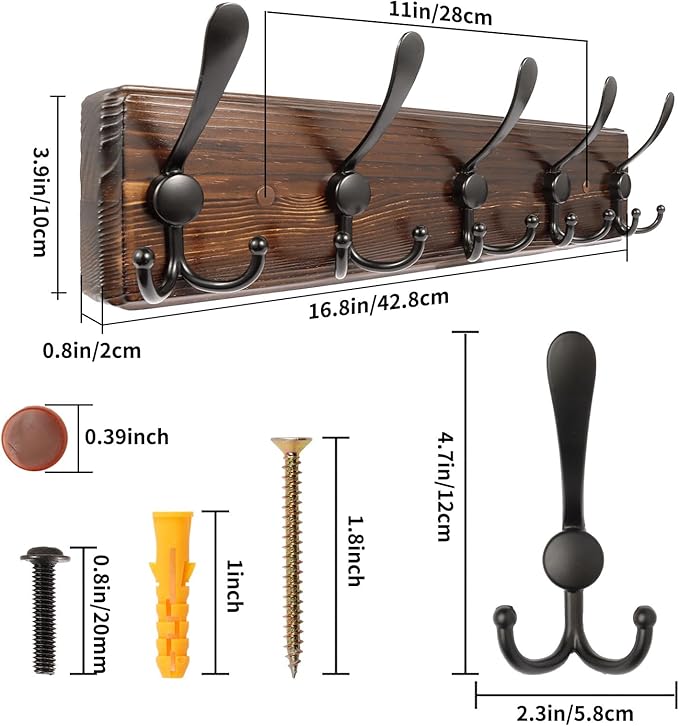 2 Pack Coat Rack Wall Mount 16.8'' Rustic Hat Rack with 5 Triple Hooks Coat Hooks Wall Mount Farmhouse Wall Hooks for Hanging