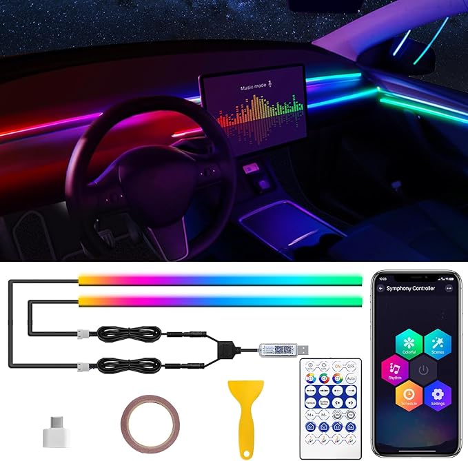 Dreamcolor Acrylic Interior Car LED Strip Light with USB/Type C, RGB 2 in 1 with 110.2 inches LED Strip, Dynamic Chasing Music Sync Neon Ambient Lighting Kits