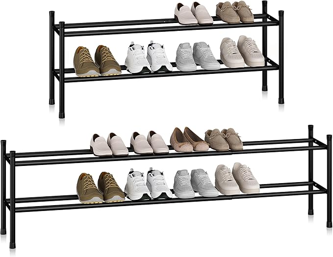STORAGE MANIAC Long Expandable Shoe Rack, 12 Pairs Metal Wide Stackable Shoe Rack, Adjustable Shoes Shelf, Freestanding Shoes