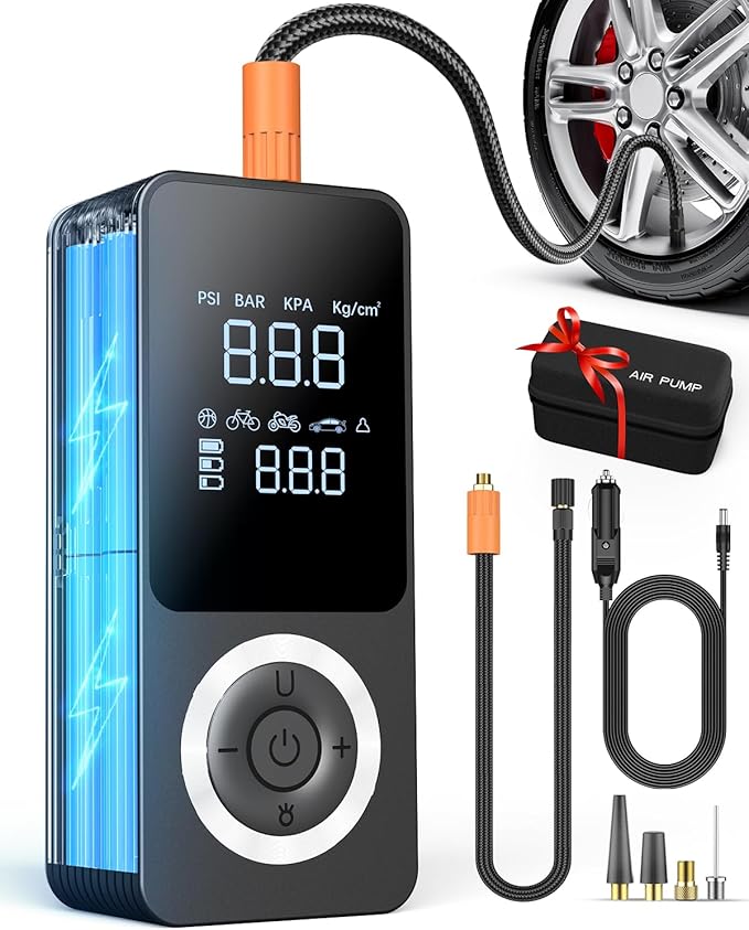 Cordless Tire Inflator Portable Air Compressor, Smart Air Pump for Car Tire with Digital Pressure Gauge, LED Light, 12V Car Power Adapter, Storage Box, 4 Valve